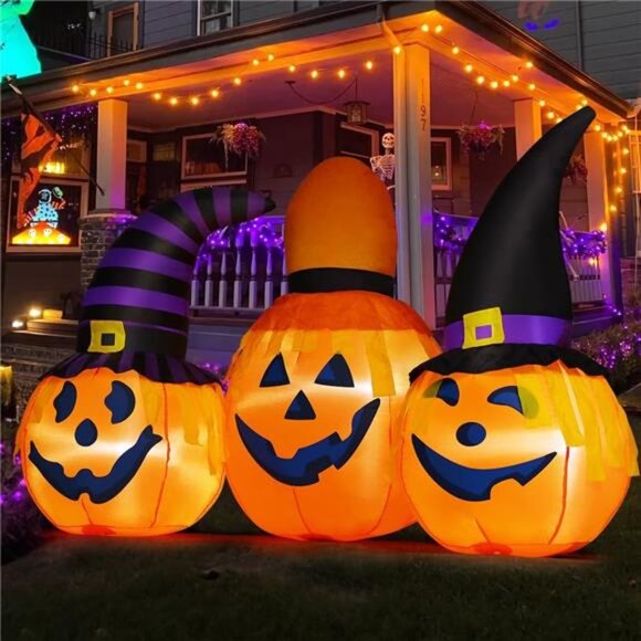 6.5 FT Halloween Inflatables Outdoor Pumpkin Combo with Wizard hat Blow - Picture 3 of 7